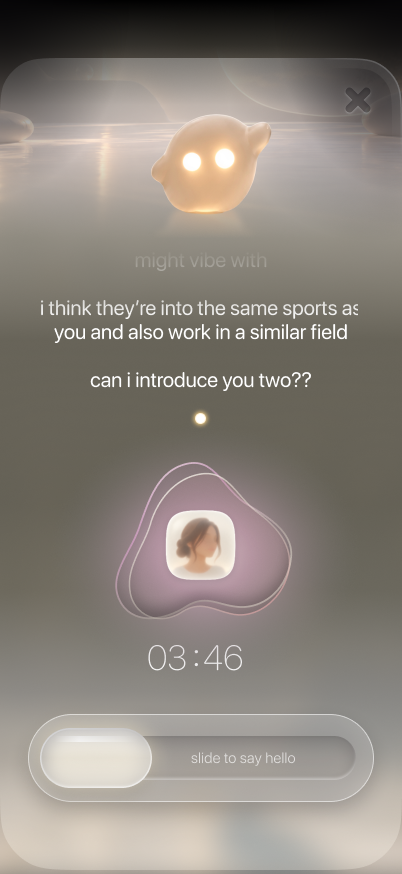 min match screen: min suggests someone you might vibe with, with a swipe-to-accept intro